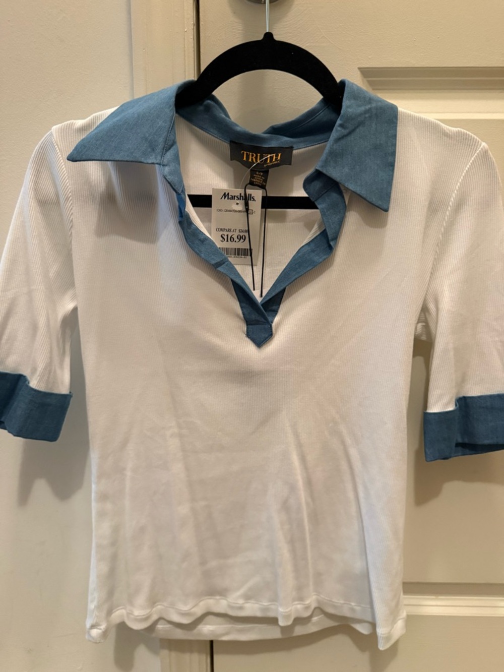 Truth White Polo Top with Blue Collar and Cuffs
